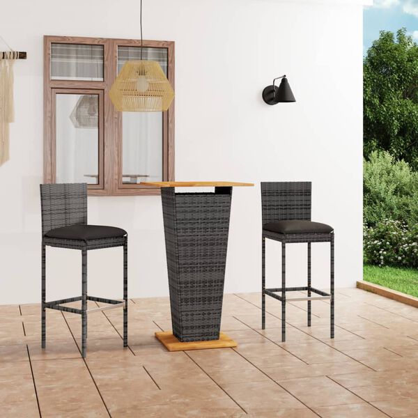 vidaXL Set Bar da Giardino 3 pz con Cuscini in Polyrattan Grigio