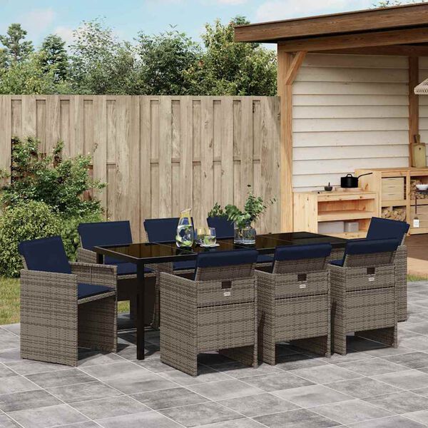 vidaXL Set da Pranzo per Giardino con cuscino 9 pcs Grigio polyrattan