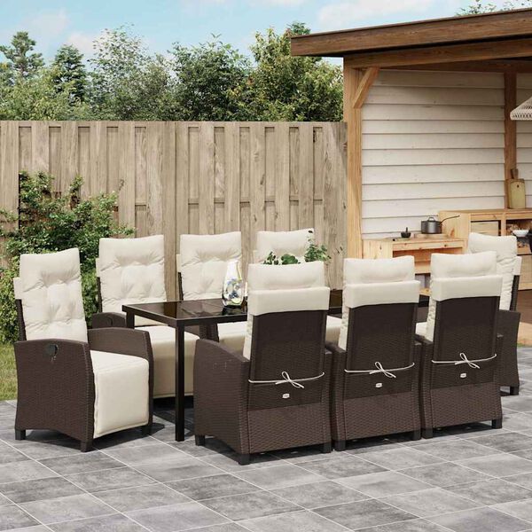 vidaXL Set da Pranzo per Giardino con cuscino 9 pcs Marrone polyrattan