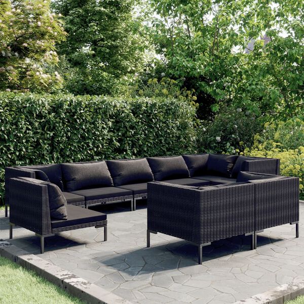 vidaXL Set Divani da Giardino 9 pz con Cuscini Polyrattan Grigio Scuro