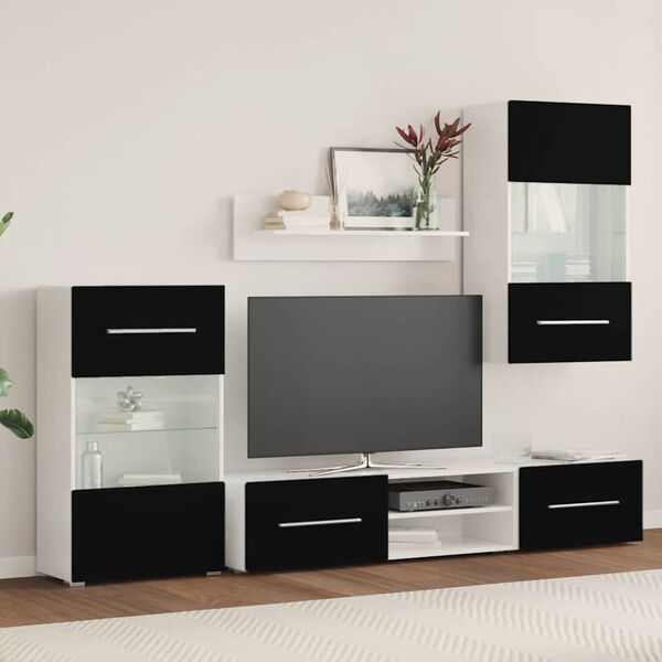 vidaXL Mobili con Vetrina Parete Unità TV 5 pz con Luci LED Nero