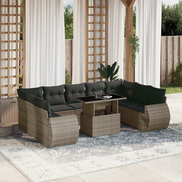 vidaXL Set Divano da Giardino 10 pz con Cuscini Grigio in Polyrattan