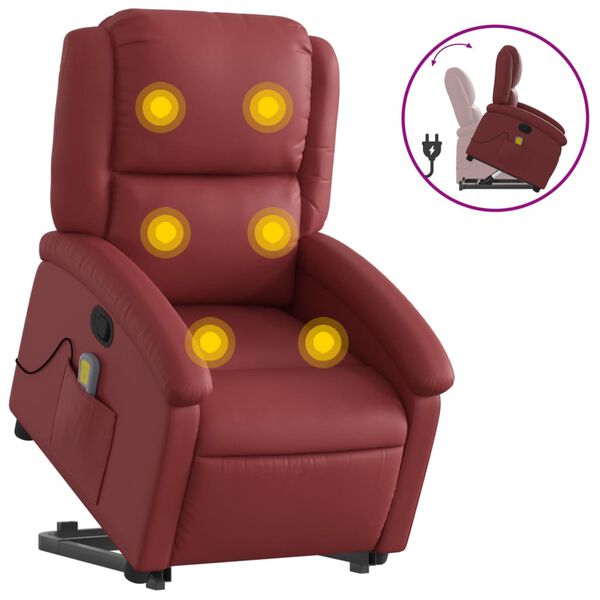 vidaXL Poltrona Alzapersone Massaggi Reclinabile Rosso Vino Similpelle