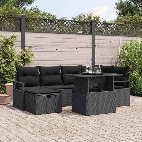 vidaXL Set Divano da Giardino con cuscino 7 pcs Nero Poly Rattan