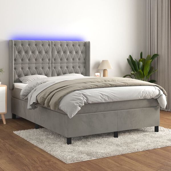 vidaXL Letto a Molle Materasso e LED Grigio Chiaro 140x190 cm Velluto