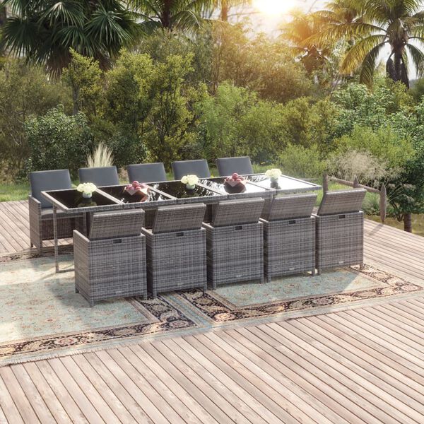 vidaXL Set Pranzo da Giardino 11 pz con Cuscini in Polyrattan Grigio