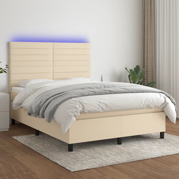 vidaXL Letto a Molle con Materasso e LED Crema 140x190 cm in Tessuto