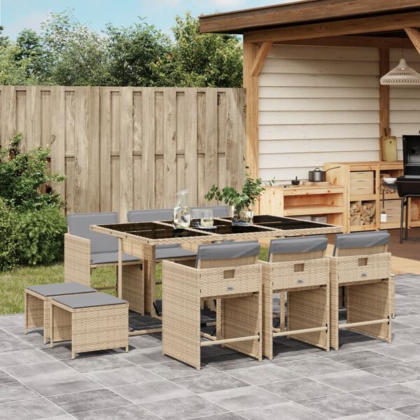 vidaXL Set Pranzo da Giardino 11 pz con Cuscini Beige Misto Polyrattan
