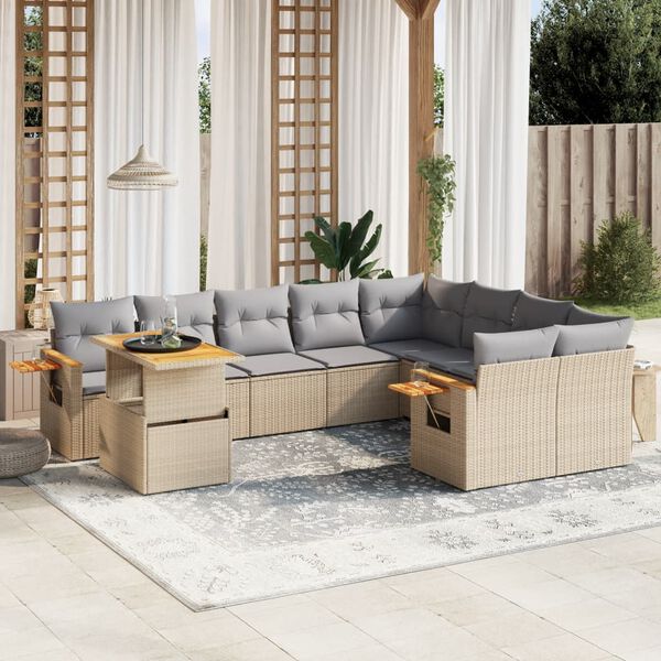 vidaXL Set Divano da Giardino 10 pz con Cuscini Beige in Polyrattan