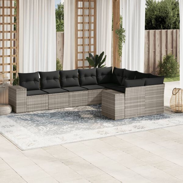 vidaXL Set Divano da Giardino 9pz con Cuscini Grigio Chiaro Polyrattan