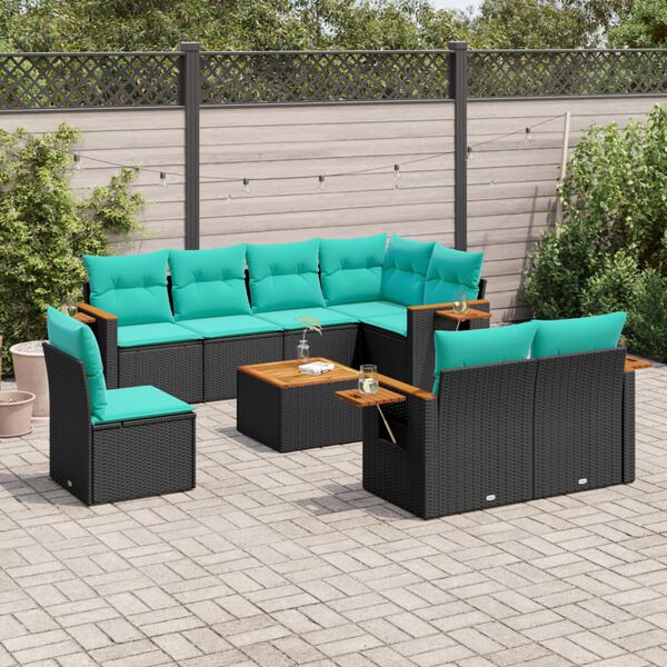vidaXL Set Divani da Giardino 9 pz con Cuscini Nero in Polyrattan