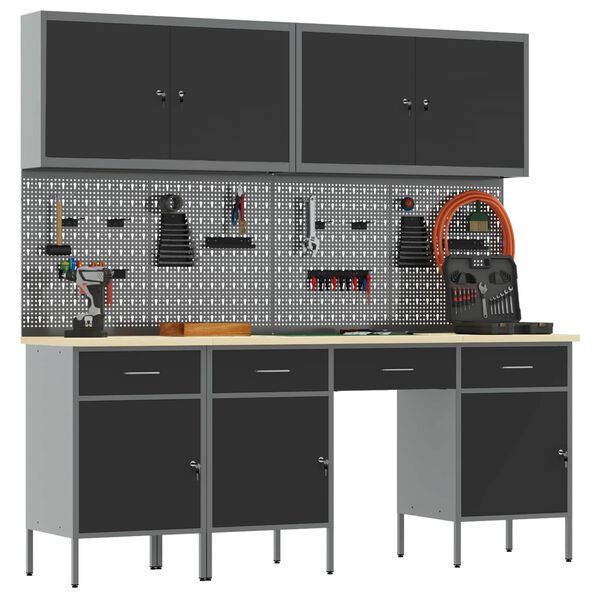 vidaXL Mobile da lavoro 10 pcs Nero Legno ingegnerizzato e acciaio