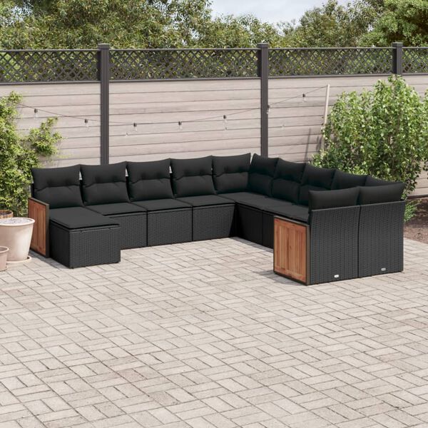 vidaXL Set Divani da Giardino 11 pz con Cuscini in Polyrattan Nero