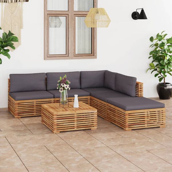vidaXL Set Divani da Giardino 6 pz Cuscini Grigio Scuro Legno di Teak