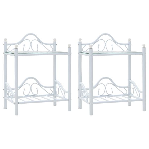 vidaXL Comodini Set 2 pz Acciaio e Vetro Temperato 45x30,5x60cm Bianco