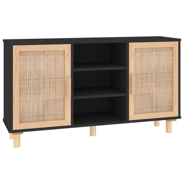 vidaXL Credenza Nera 105x30x60cm Legno Massello Pino e Rattan Naturale