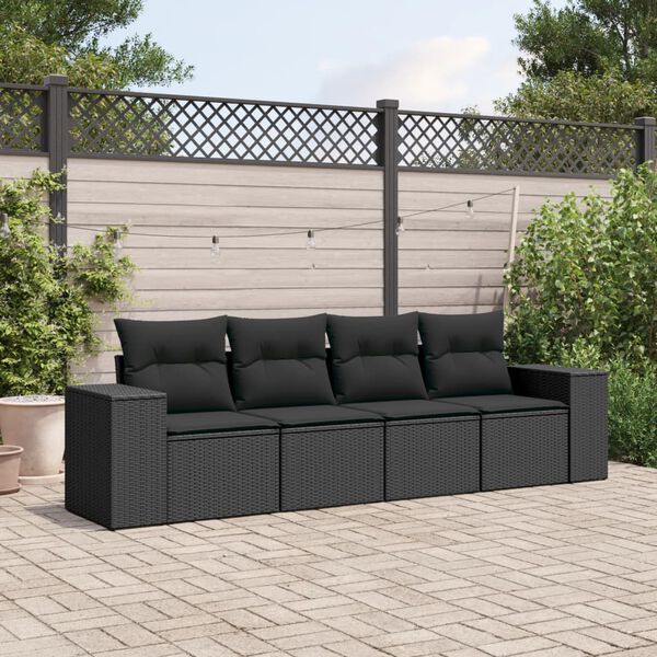 vidaXL Set Divani da Giardino 4 pz con Cuscini Nero in Polyrattan