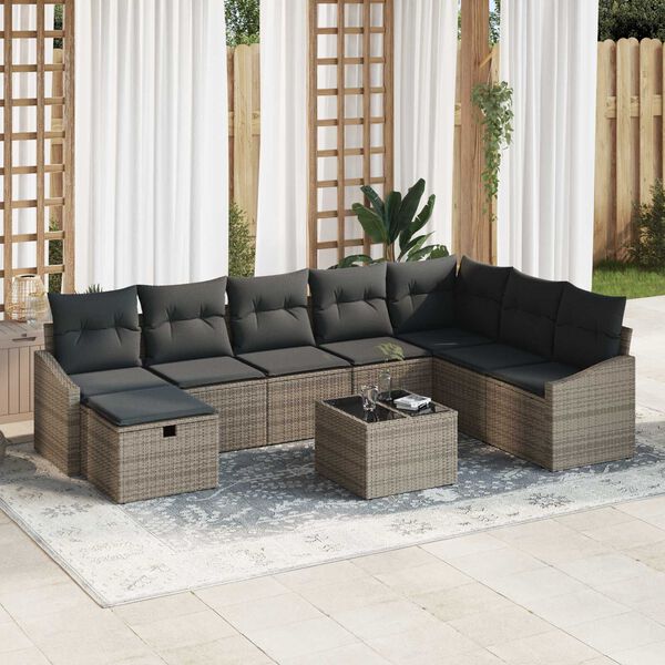 vidaXL Set Divano da Giardino 9 pcs Grigio 55 x 62 x 69 cm Poly Rattan