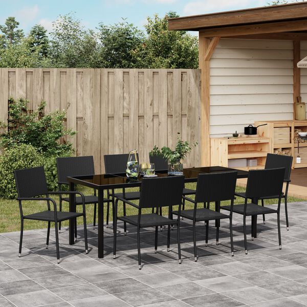 vidaXL Set da Pranzo per Giardino con cuscino 9 pcs Nero polyrattan