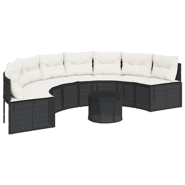 vidaXL Divano Giardino Tavolo e Cuscini Semicircolare Nero Polyrattan
