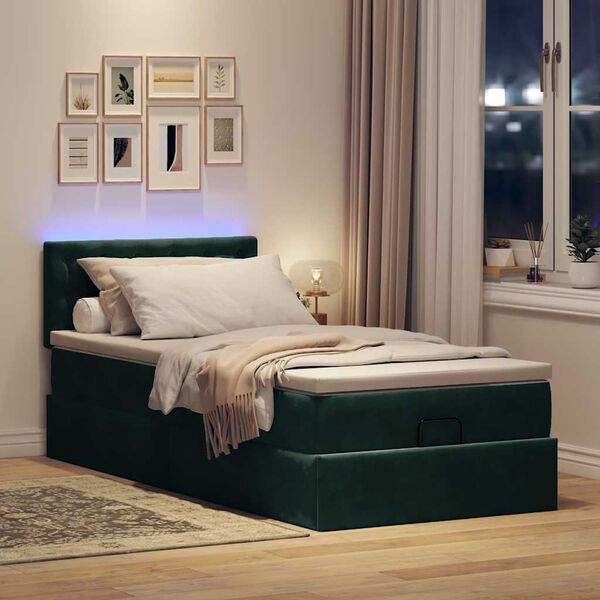 vidaXL Pouf Letto con Materasso e LED Verde Scuro 80x200cm in Velluto