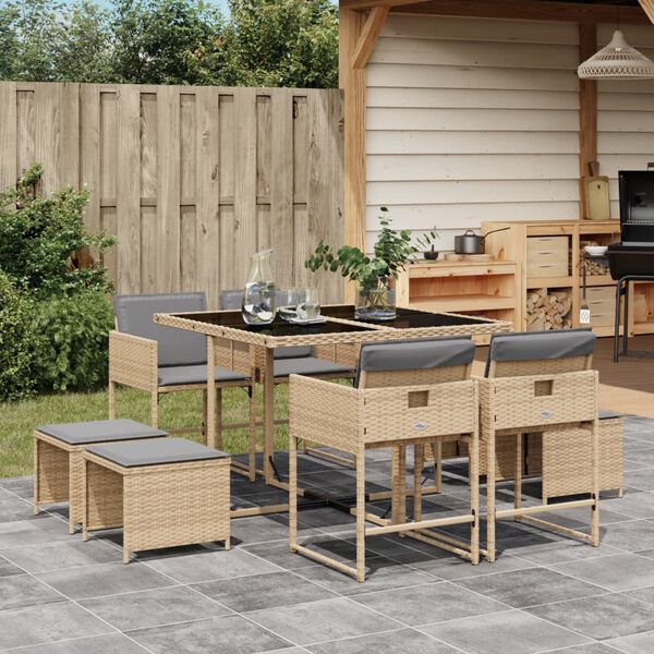 vidaXL Set Pranzo da Giardino 9 pz con Cuscini Beige Misto Polyrattan
