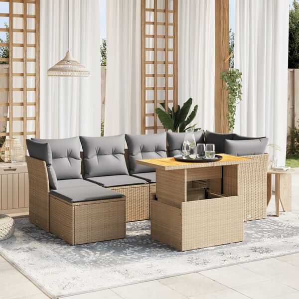 vidaXL Set Divani da Giardino 7 pz con Cuscini Beige in Polyrattan