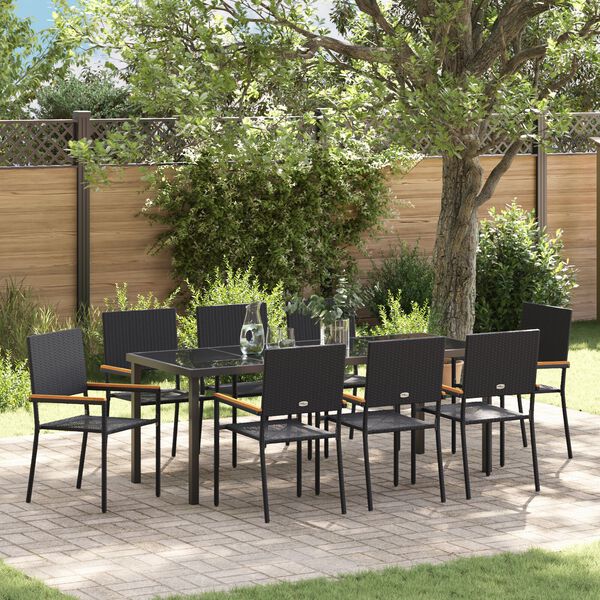 vidaXL Set da Pranzo per Giardino con cuscino 9 pcs Nero polyrattan