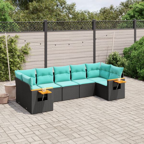 vidaXL Set Divani da Giardino 7 pz con Cuscini Nero in Polyrattan