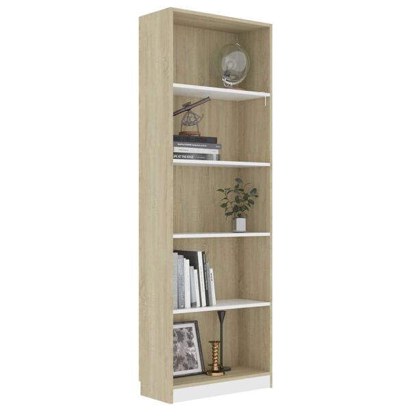 vidaXL Libreria 5 Ripiani Bianco Rovere Sonoma 60x24x175cm Multistrato