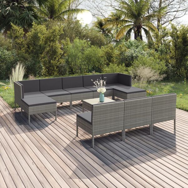 vidaXL Set Divani da Giardino 11 pz con Cuscini in Polyrattan Grigio