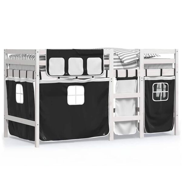 vidaXL Letto a Soppalco Bambini con Tende Bianco e Nero 90x190 cm Pino