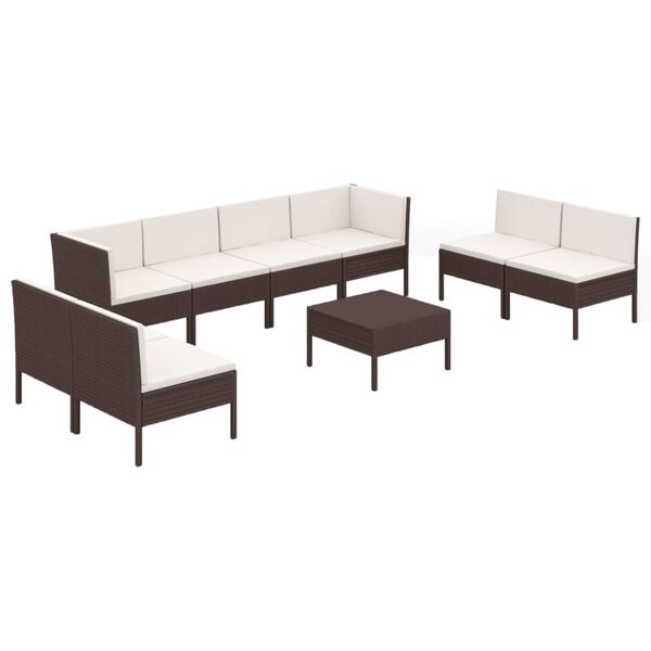 vidaXL Set Divani da Giardino 9 pz con Cuscini in Polyrattan Marrone