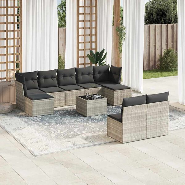 vidaXL Set Divano Giardino 10 pz con Cuscini Grigio Chiaro Polyrattan