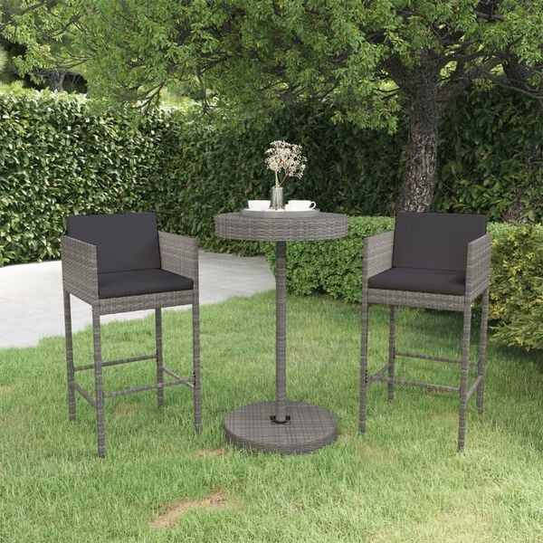 vidaXL Set Bar da Giardino 3 pz con Cuscini in Polyrattan Grigio