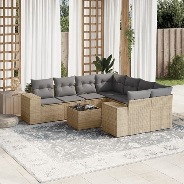 vidaXL Set Divano da Giardino 9 pz con Cuscini Beige in Polyrattan