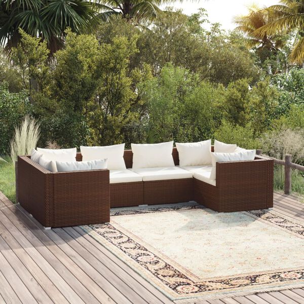 vidaXL Set Divani da Giardino 6 pz con Cuscini in Polyrattan Marrone