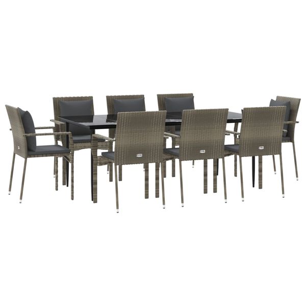 vidaXL Set da Pranzo Giardino 9pz con Cuscini Nero e Grigio Polyrattan