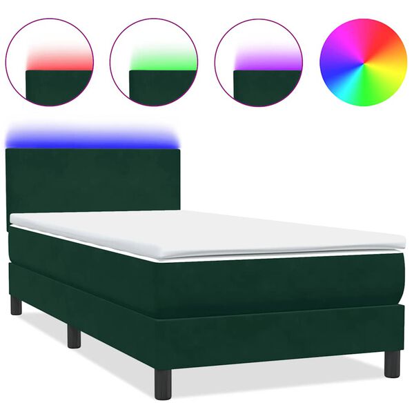 vidaXL Letto a Molle con Materasso e LED Verde Scuro 90x210 cm Velluto
