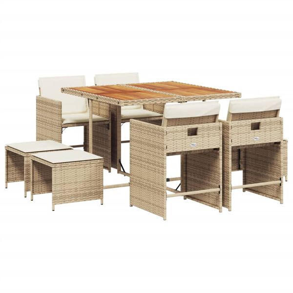 vidaXL Set da Pranzo da Giardino 9 pz con Cuscini Beige in Polyrattan