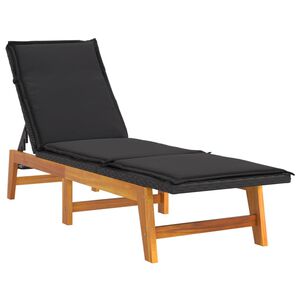 vidaXL Sdraio con Cuscino Nero Marrone Polyrattan e Massello di Acacia