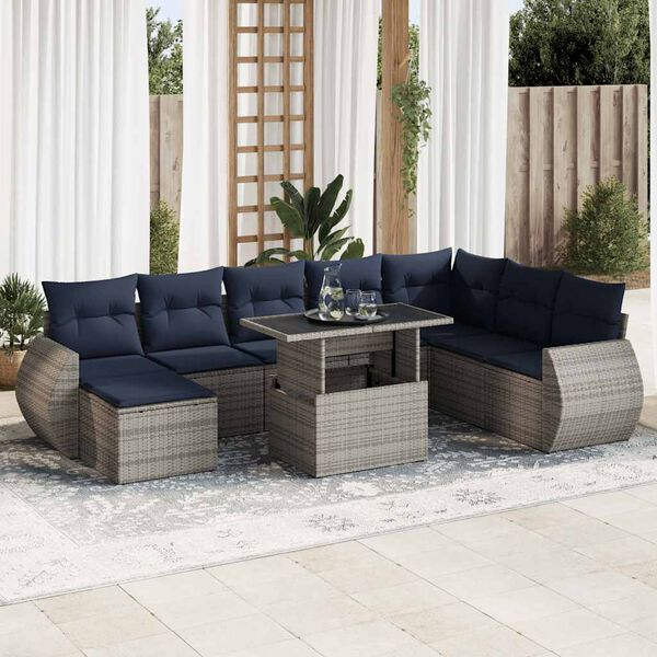 vidaXL Set Divani Giardino 9 pz con Cuscini Polyrattan Acacia Grigio
