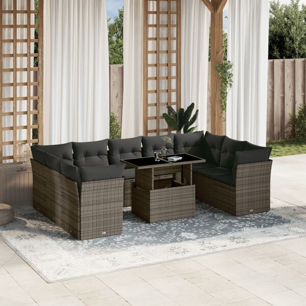 vidaXL Set Divano da Giardino 10 pz con Cuscini Grigio in Polyrattan