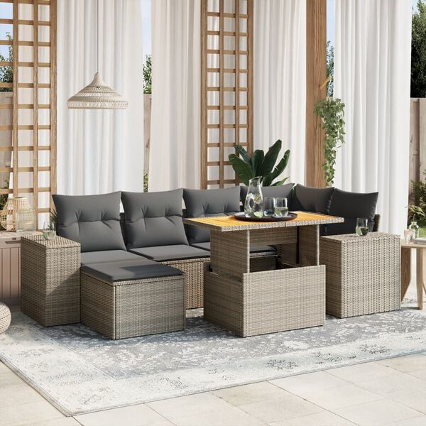vidaXL Set Divani da Giardino 7 pz con Cuscini Grigio in Polyrattan