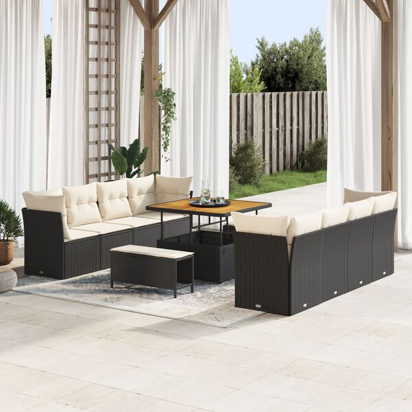 vidaXL Set Divano da Giardino 11 pcs Nero e Crema polyrattan
