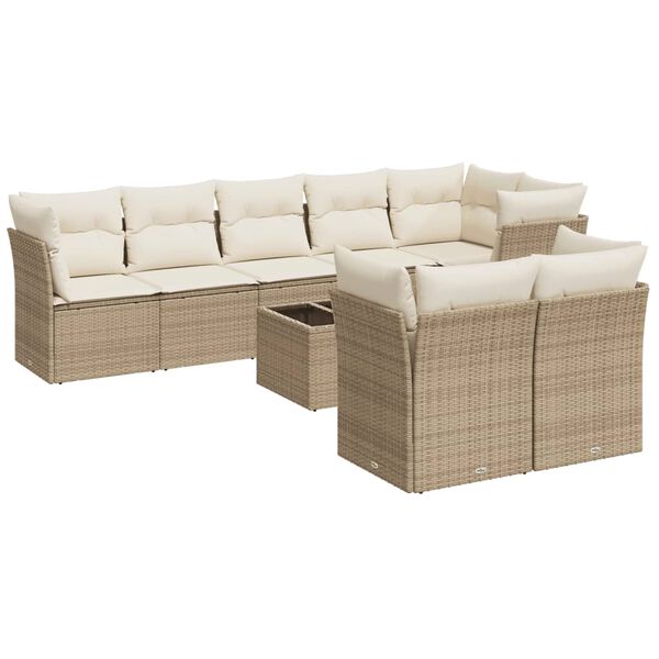 vidaXL Set Divano da Giardino 9 pz con Cuscini Beige in Polyrattan