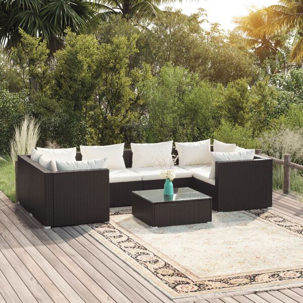 vidaXL Set Divani da Giardino 7 pz con Cuscini in Polyrattan Nero