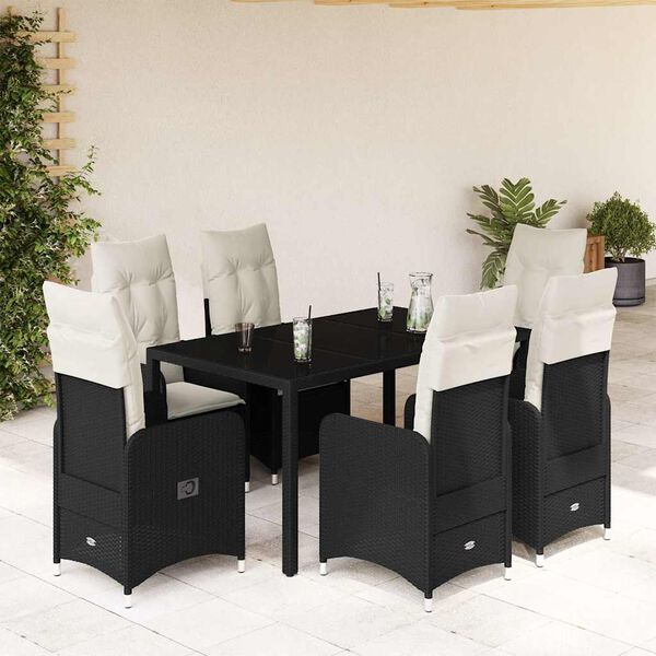 vidaXL Set da Bistr&ograve; da Giardino 7 pz con Cuscini Nero in Polyrattan