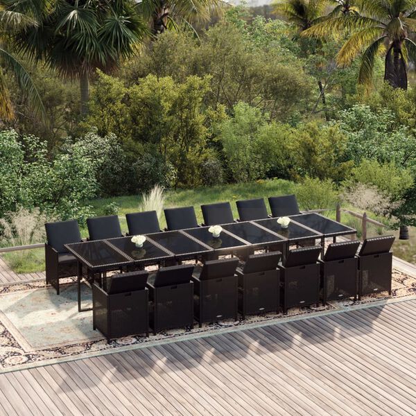vidaXL Set Pranzo da Giardino 15 pz con Cuscini in Polyrattan Nero