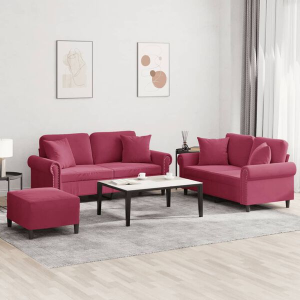 vidaXL Set di Divani 3 pz con Cuscini Rosso Vino in Velluto